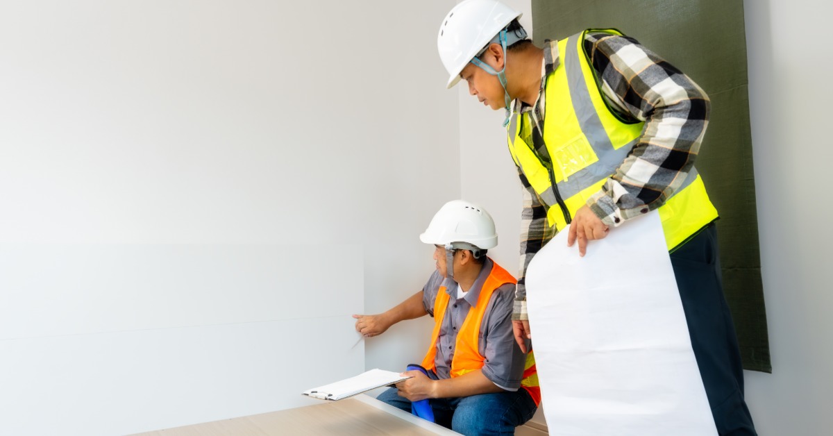 Two workers in hard hats kneeling on a wood floor and marking a white baseboard in a new building.